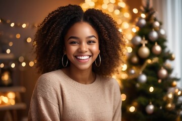 Medium shot portrait optimistic happy African American beautiful girl laughing, looking at camera, posing on Christmas tree background at home, blogger shooting vlog