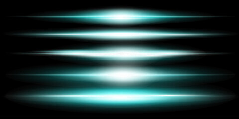 Blue horizontal lens flares pack. Laser beams, horizontal light rays.Beautiful light flares. Glowing streaks on dark background. Luminous abstract sparkling lined background.