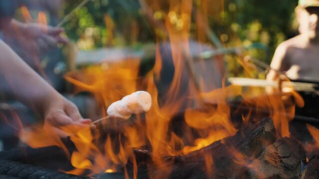 Close-up of a marshmallow roasting over a fire. Three marshmallows on a skewer being cooked over a campfire. A woman's hand is preparing a sweet treat