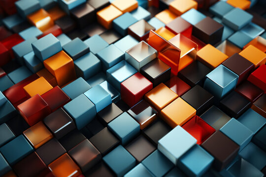 3d ilustration of abstract background with cubes in blue and orange colors