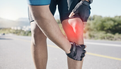 Man, closeup and cyclist with knee pain, road and emergency with accident, red highlight and...