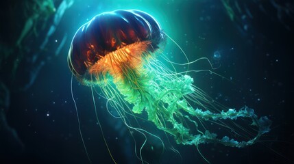 A neon green space jellyfish floating gracefully in the depths of a neon blue nebula - obrazy, fototapety, plakaty