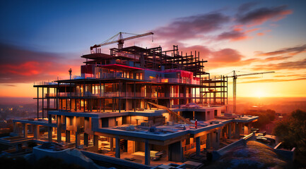 a construction project as the sun sets on a building under construction - obrazy, fototapety, plakaty