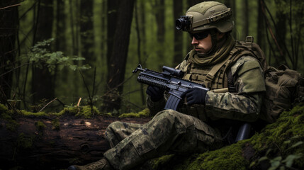 Military man in camouflage with a gun sits in the woods.