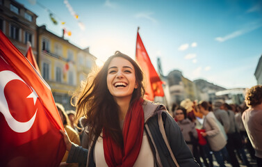Naklejka premium portrait of a woman in red dress, turkish girl, tur 29 Ekim, 30 Ağustos, August 30, October 29, young girl celebrating