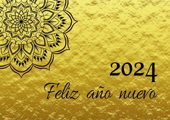 Golden wish card new year 2024 written in Spanish in black font with a black mandala
