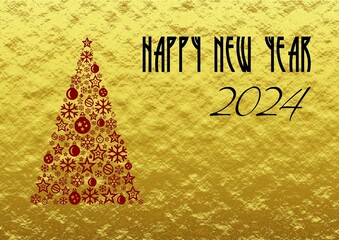 Golden wish card new year 2024 written in English in black font with a red christmas tree with balls and stars