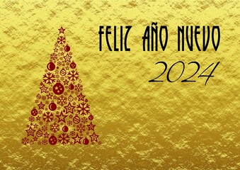Golden wish card new year 2024 written in Spanish in black font with a red christmas tree with balls and stars