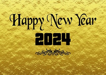 Golden wish card new year 2024 written in English in black font with an black arabesque ornament