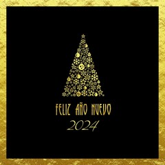 Golden and black squared wish card new year 2024 written in Spanish with a golden christmas tree with balls and snowflakes