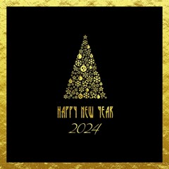Golden and black squared wish card new year 2024 written in English with a golden christmas tree with balls and snowflakes
