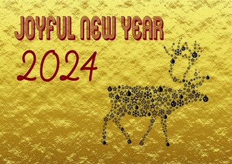 Golden wish card new year 2024 written in English in red font with a black reindeer with balls and stars