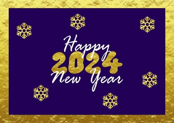 Golden wish card new year 2024 written in English in white and golden font with golden snowflakes on a gold and purple background