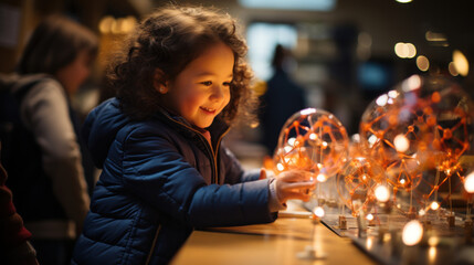 Adorable little girl sitting at a table and playing with light bulbs at science exhibit center. - obrazy, fototapety, plakaty