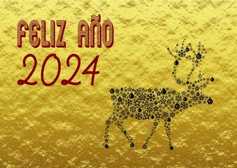Golden wish card new year 2024 written in Spanish in red font with a black reindeer with balls and stars