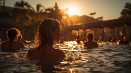 Back view of young woman in swimming pool at sunset. People having fun and relaxing in water.