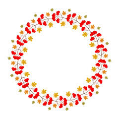 Autumn frame with red berries and maple leaves. Autumn decoration element for greeting cards, invitations, banners and other designs. Isolated on white background