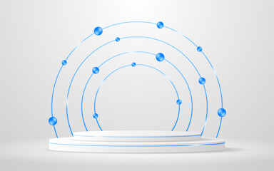 Obraz premium White podium with blue circular line on the back for product presentation. Display of cosmetic products. Stage or podium. vector illustration 