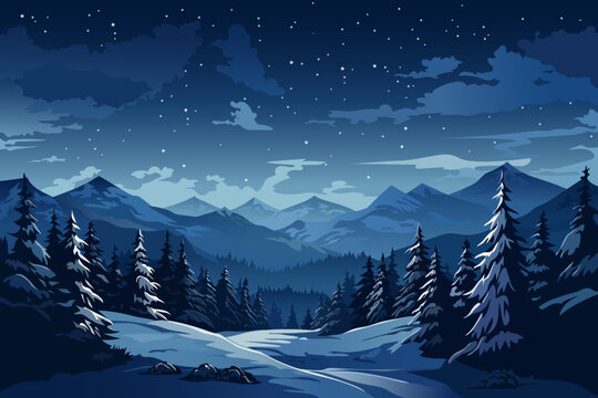 Beautiful night winter landscape of forest and mountains. Snow covered mountains, forest, trees, snowdrifts and amazing night sky with stars and clouds. Christmas Eve.