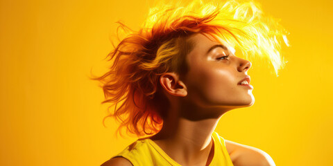 teenager's vibrant hair dye, capturing youthful self-expression, set against a neon yellow background, room for copyspace
