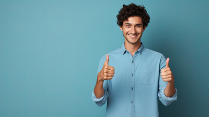 Attractive happy young cheerful man in blue undershirt make thumbs up and recommend isolated on blue color background