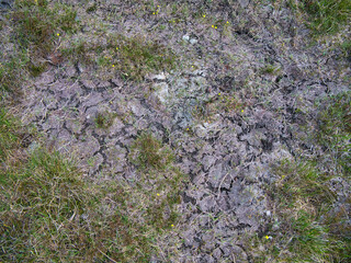 Dried peat bog wetland on the island of Harris in the Outer Hebrides, Scotland, UK. The result of an extended period of unusually dry, warm weather with no significant rain.