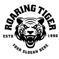 Roaring Tiger mascot logo in black and white vintage style