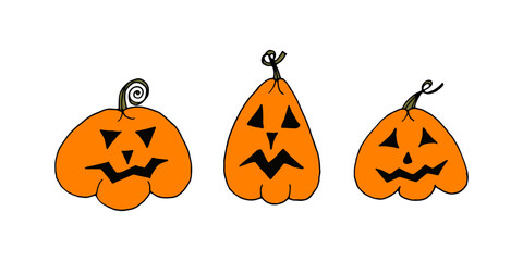 Doodle cartoon pumpkin lanterns with dark eyes and mouths for Halloween. Vector illustration elements for the design of postcards, flyers, websites and blogs