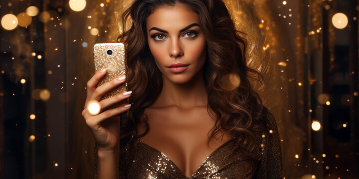 glamorous woman, taking a mirror selfie with her smartphone, against a glittery gold background, room for copyspace
