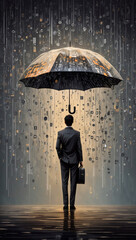 Conceptual image of a businessman standing under a rain of data, consisting of flowing digits and symbols, symbolizing the immersion in the digital age.