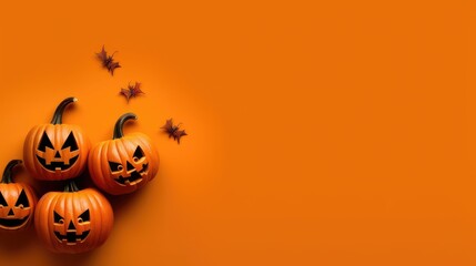 Carved Pumpkins on orange minimalist background with copyspace, social media banner, Halloween October 31st celebration illustration