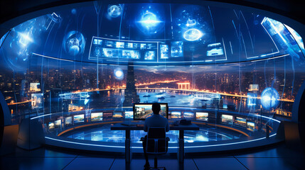 A futuristic command center where virtual assistants orchestrate a harmonious dance of data streams, responding to user queries from all over the world