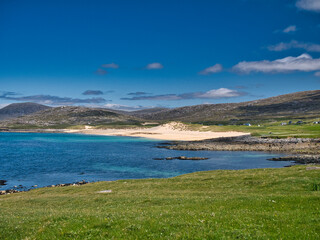The white sands and turquoise waters of the pristine Luskentyre Bay in the Outer Hebrides. Taken on...