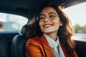 Fototapeta na wymiar Generative AI photography of beautiful lady sitting on passenger seat inside car enjoying comfort trip
