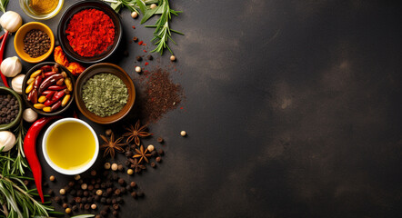 Obraz na płótnie Canvas A table of spices background with space for text. Olive oil, capers, rosemary, garlic, herb, chili and other spices