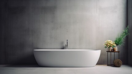 Fototapeta na wymiar White oval modern bathtub in a room with gray cement walls, bathtub display, bathroom display, modern minimalist bathtub