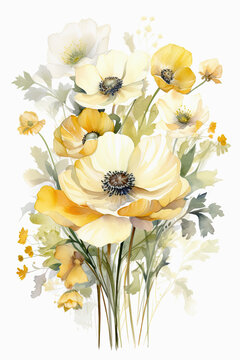 fondo acuarela de ramo de flores de colores blanco, amarillo y verde , sobre fondo blanco
