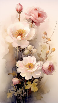 fondo acuarela de ramo de flores de colores blanco, rosa y gris, sobre fondo blanco