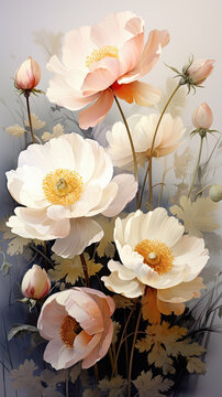 fondo acuarela de ramo de flores de colores blanco, rosa y gris, sobre fondo blanco