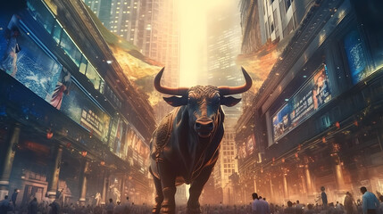 Bull statue in the city. Concept of bullish market. AI generated