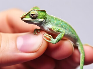 Fototapeta premium Baby chameleon resting on human finger. Lizard miniature. AI generated