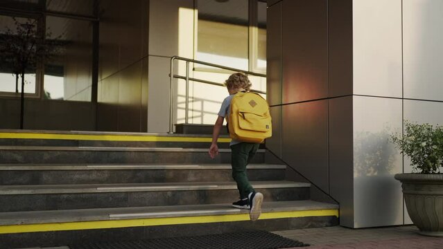 Schoolboy With Backpack Going To Entrance Of School Building, Education In Grade School