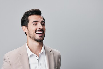 handsome man shirt suit smiling businessman business happy copyspace portrait beige