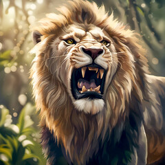 Angry lion king roaring on a jungle, Generative AI