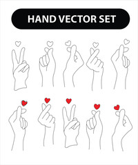 Woman's hand icon collection line. Vector Illustration of female hands of different gestures - symbol Gun, Fuck You, heart. Lineart in a trendy minimalist style.