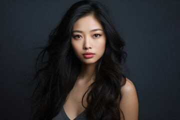 Naklejka premium Portrait of an Asian model girl with perfect skin without makeup and long thick hair