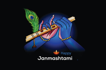 Krishna Janmashtami digital art illustration illustration of Lord Krishna hand playing bansuri (flute) with Dahi Handi and peacock feather, Happy Janmashtami