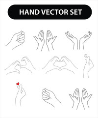 Woman's hand icon collection line. Vector Illustration of female hands of different gestures - symbol Gun, Fuck You, heart. Lineart in a trendy minimalist style.