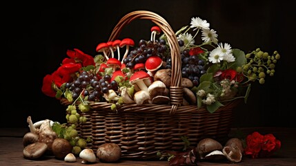 Fototapeta na wymiar Autumn Harvest: Foraged Mushrooms, Berries, and Edible Plants in Wicker Basket, generative Ai