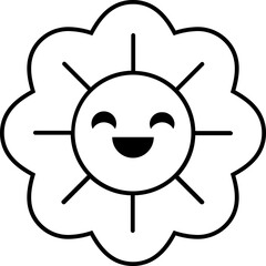 Icône svg d'une fleur en forme de soleil, visage rond avec un grand sourire, personnage mignon et joyeux, design avec des lignes fines, glyphe sur la nature, la végétation et le jardin